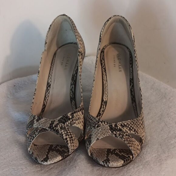 Cole Haan Snakeskin High-Heeled Open Toe Pumps - Picture 2 of 8